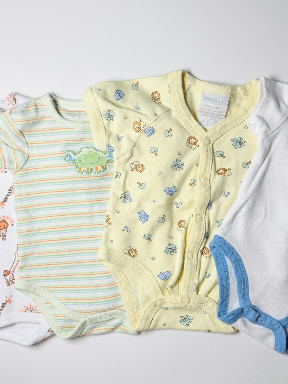Vintage Sears Whimsical Safari Animal Bodysuit Bundle 4pcs Pastel Yellow 0-3m